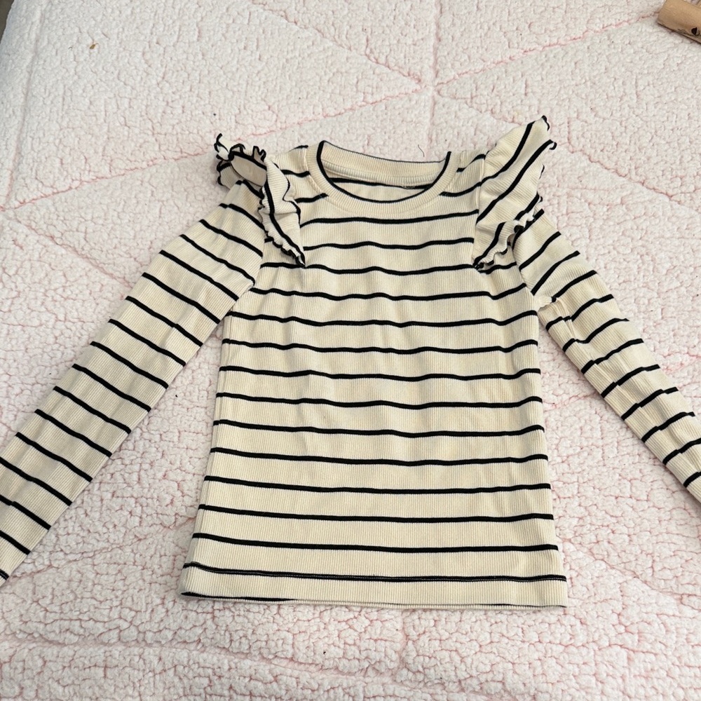 Striped Ruffle Shoulder Long-Sleeve Top - Cream & Black